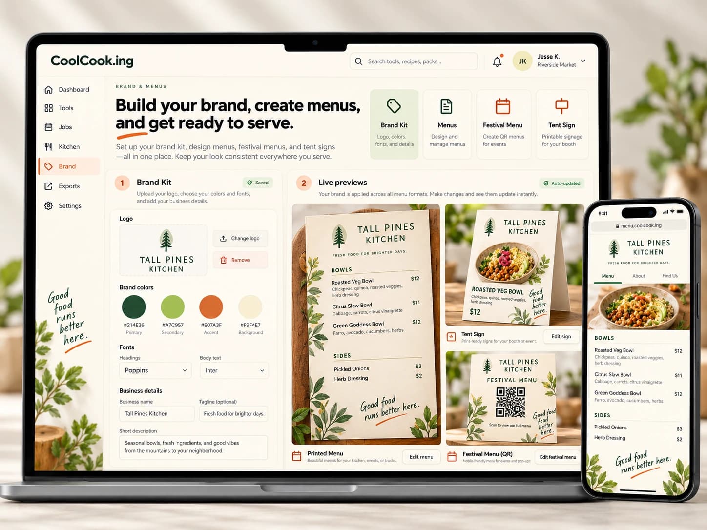 Concept mockup of brand and menus displayed on a laptop.