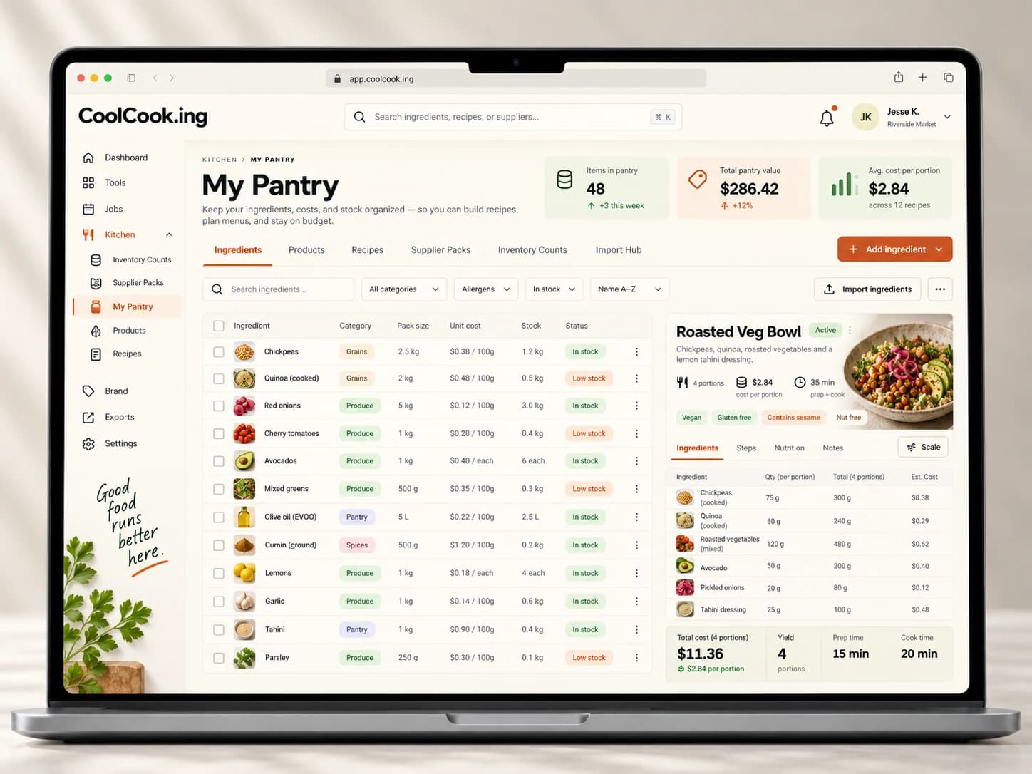 Concept mockup of pantry and ingredients displayed on a laptop.