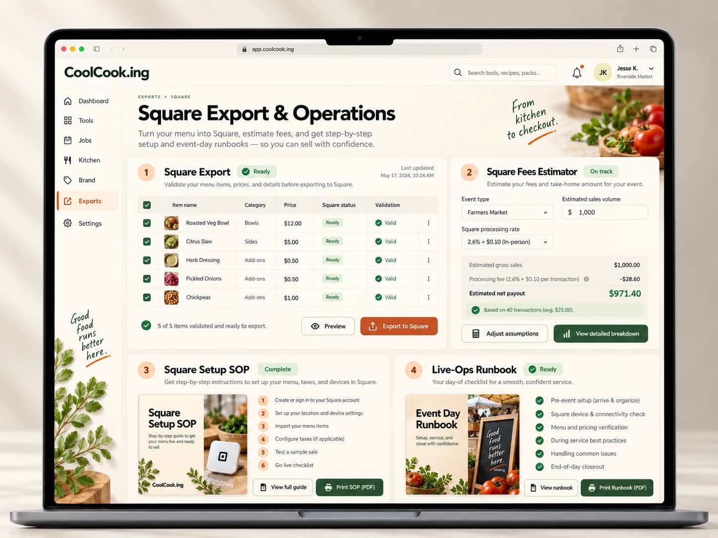 Concept mockup of square and service tools displayed on a laptop.